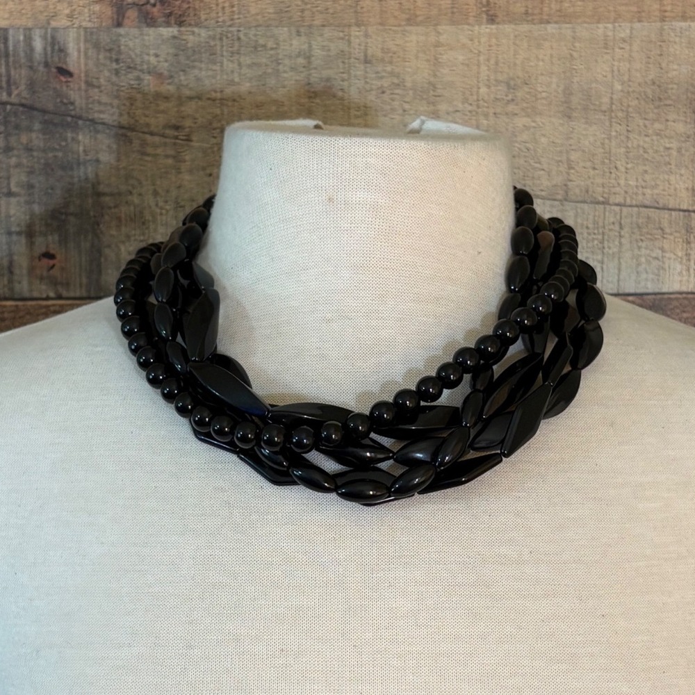 Multi Strand Black Bead Statement Necklace Silver Tone Adjustable